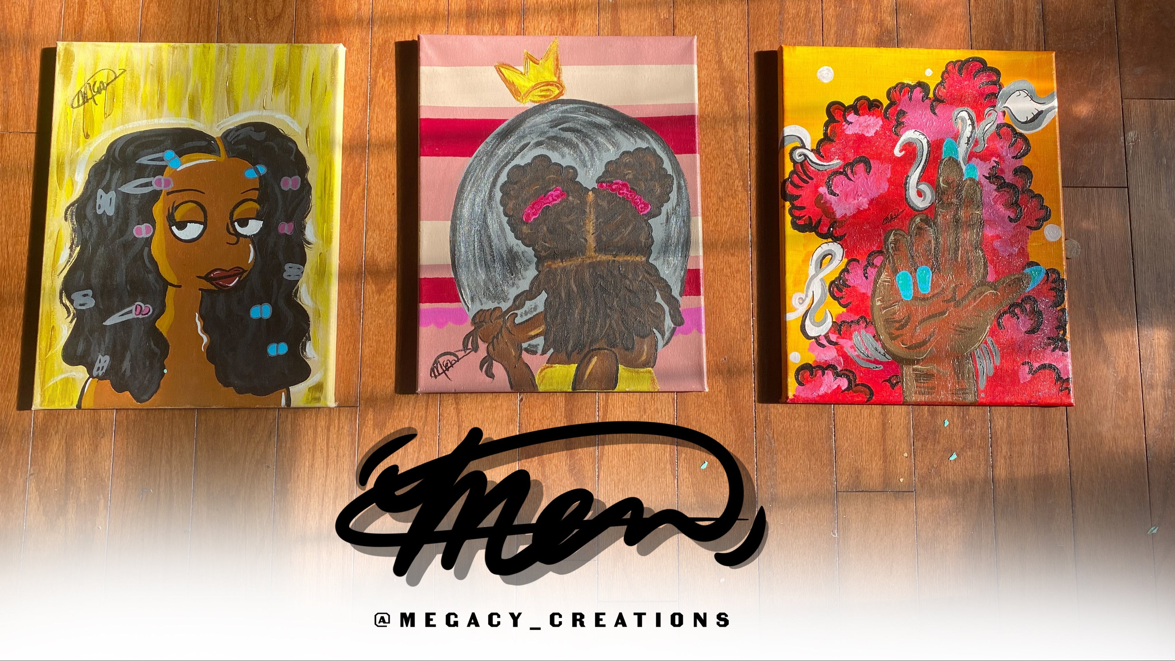 Three colorful paintings of two women with stylized hair on a wooden surface, and a third canvas of a right hand with two fingers pointing up, colorful smoky background with shades of pink, yellow and orange, featuring the artist's signature and name, Megacy Creations.
